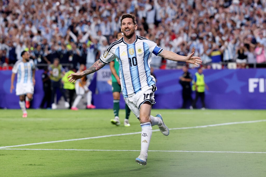 Lionel Messi #10 of Argentina celebrates scoring his team's second goal during the FIFA World Cup 2026 Group J match between Argentina and Algeria at Kansas City Stadium on June 16, 2026 in Kansas City, Missouri.