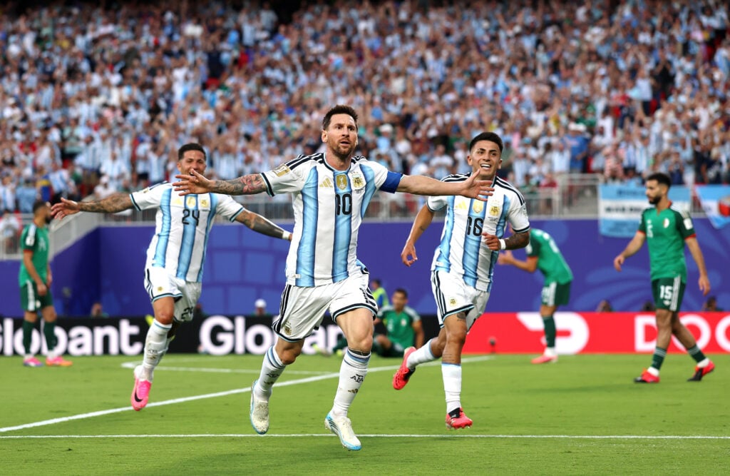Lionel Messi of Argentina celebrates after scoring a goal to make it 3-0 during the FIFA World Cup 2026 Group J match between Argentina and Algeria at Kansas City Stadium on June 16, 2026 in Kansas City, United States.