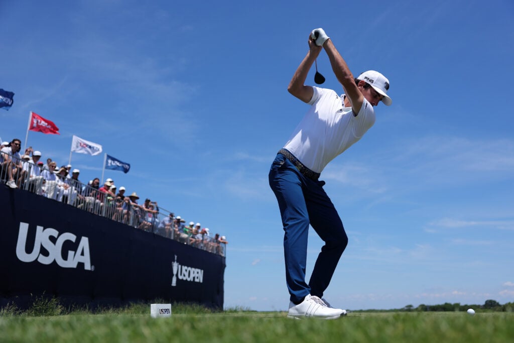 Joaquin Niemann of Chile tees off on the 12th hole during a practice round prior to the 126th U.S. OPEN at Shinnecock Hills Golf Club