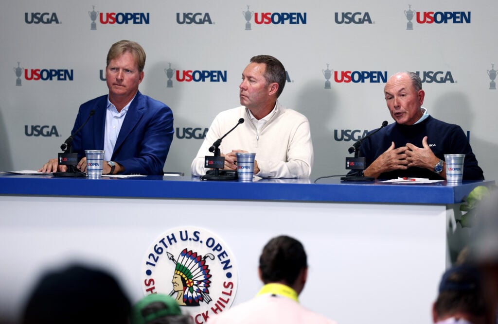 Mike Whan, USGA CEO, John Bodenhamer, Chief Championships Officer, and Kevin Hammer, USGA President, speak to the media during a press conference prior to the 126th U.S. OPEN at Shinnecock Hills Golf Club