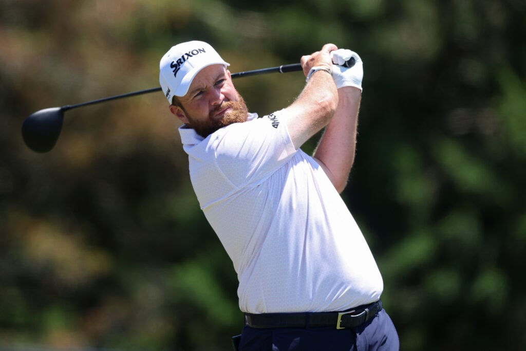 Shane Lowry tees off during a practice round at the US Open
