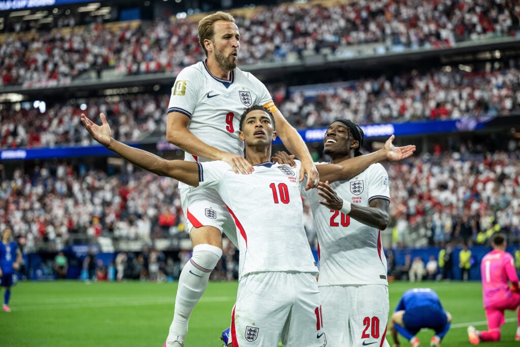 Jude Bellingham of England (C) celebrates after scoring his team's third goal with Harry Kane (L) and Noni Madueke (R) during the FIFA World Cup 2026