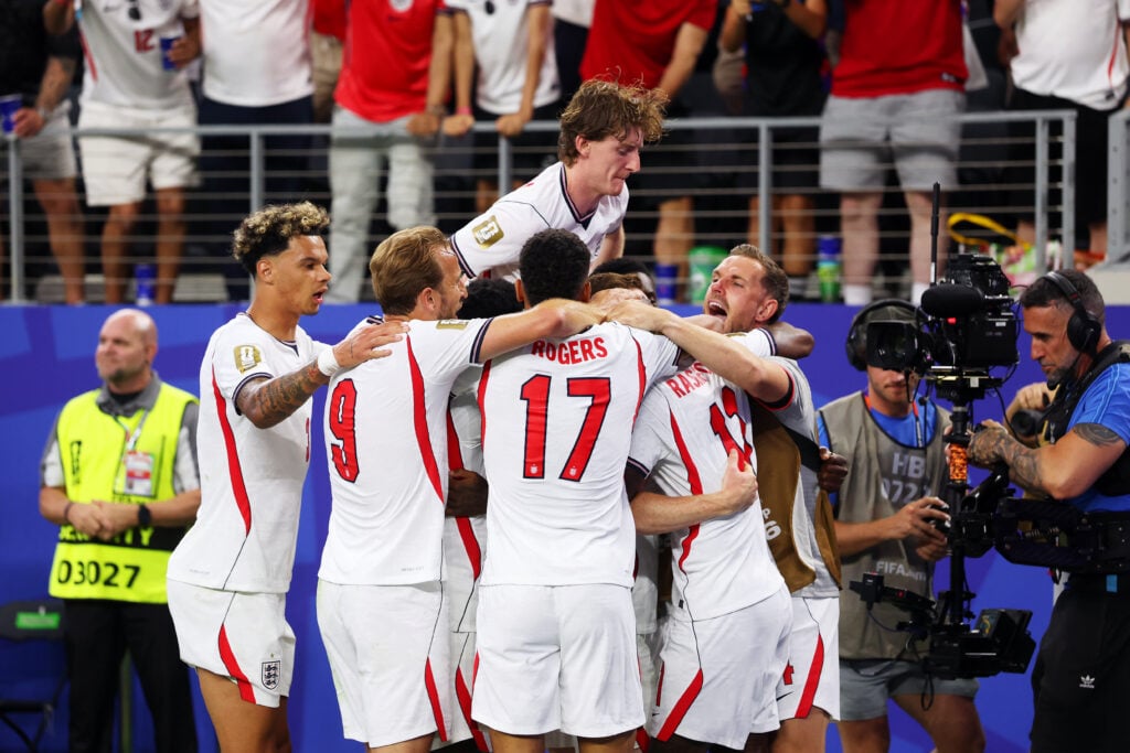 Marcus Rashford #11 of England (partially visible) celebrates with his teammates after scoring his team's fourth goal during the FIFA World Cup 2026 Group L match between England and Croatia at Dallas Stadium on June 17, 2026 in Arlington, Texas.