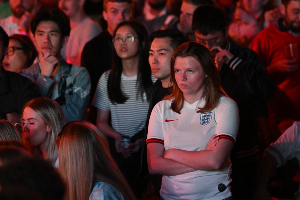 England fans react during the England V Croatia 2026 FIFA World Cup match at the We Are Football Festival at Freight Island.