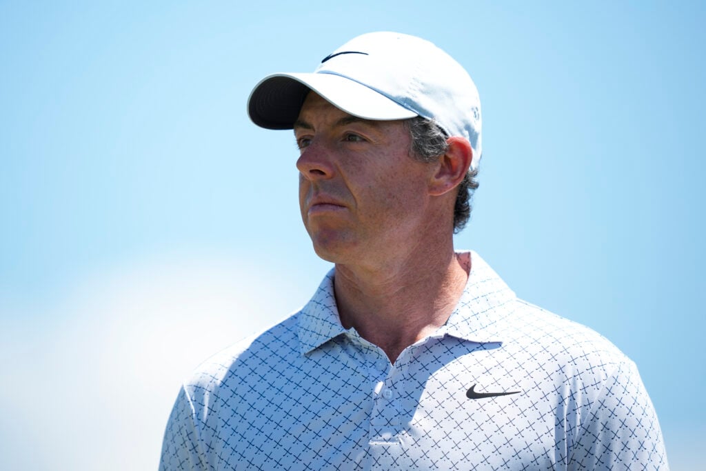 Rory McIlroy of Northern Ireland on the first tee during the final round of 126th U.S. Open Championship at Shinnecock Hills Golf Club