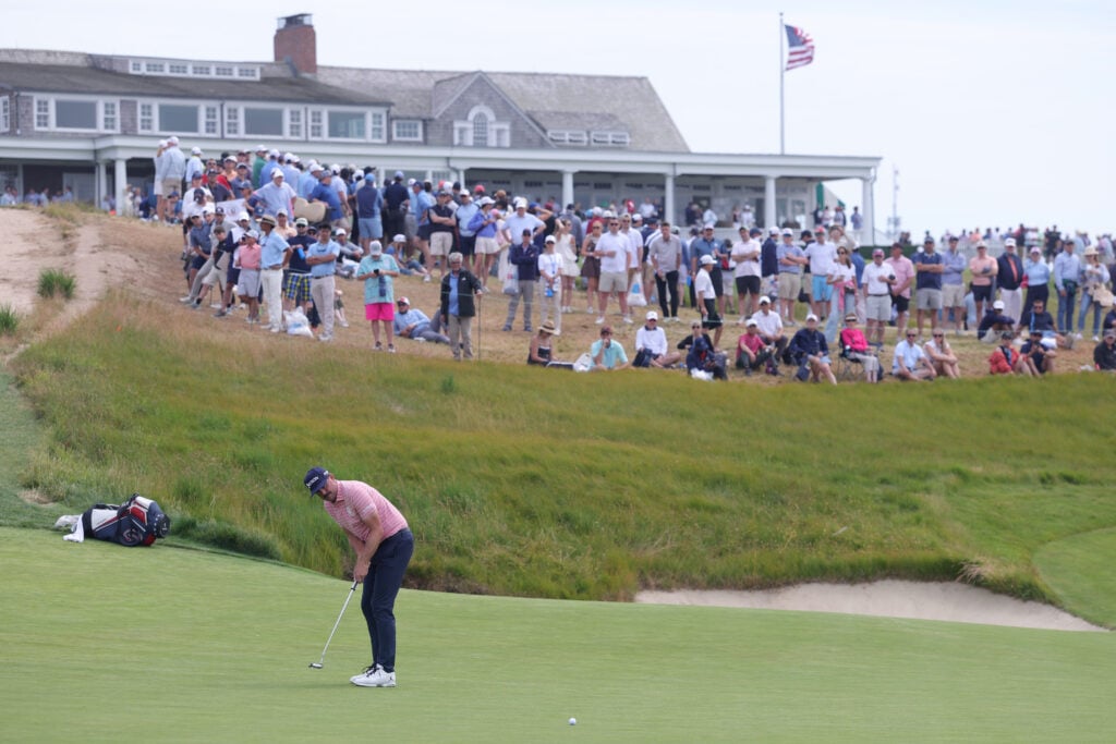 Keegan Bradley of the United States putts on the 18th green during the first round of the 126th U.S. OPEN at Shinnecock Hills Golf Club