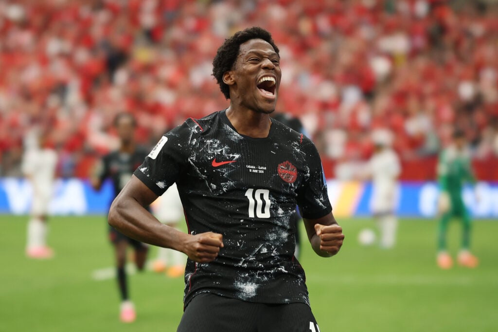 Jonathan David #10 of Canada celebrates scoring his team's second goal during the FIFA World Cup 2026 Group B match between Canada and Qatar at BC Place Vancouver on June 18, 2026 in Vancouver, British Columbia.