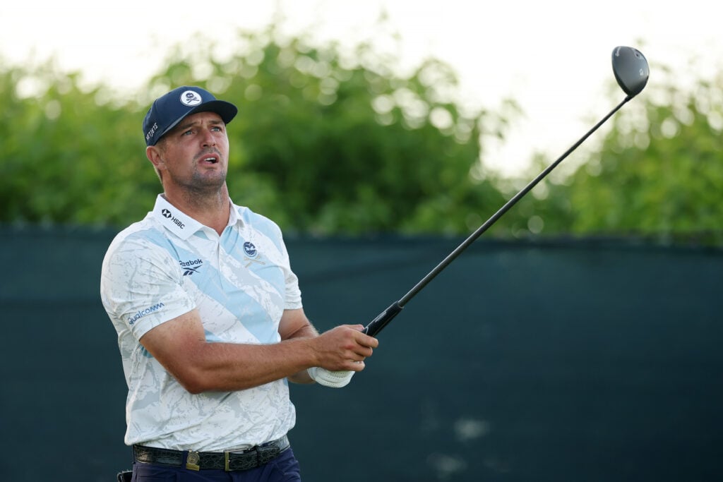 Bryson DeChambeau tees off on the fourth hole during the first round of the US Open at Shinnecock Hills