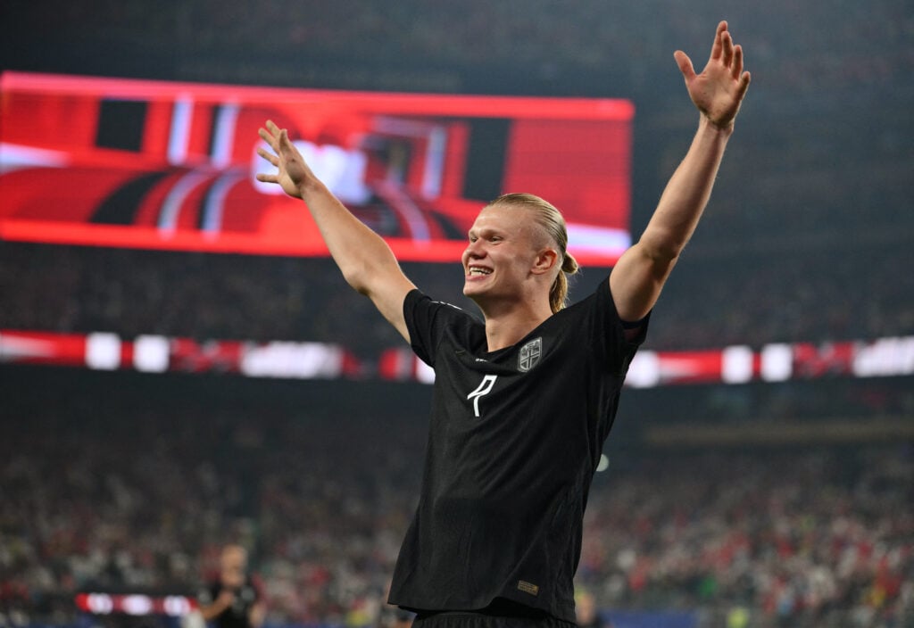 Norway's forward #09 Erling Braut Haaland celebrates scoring his team's second goal during the 2026 World Cup Group I football match between Norway and Senegal at the New York/New Jersey Stadium in East Rutherford on June 22, 2026.