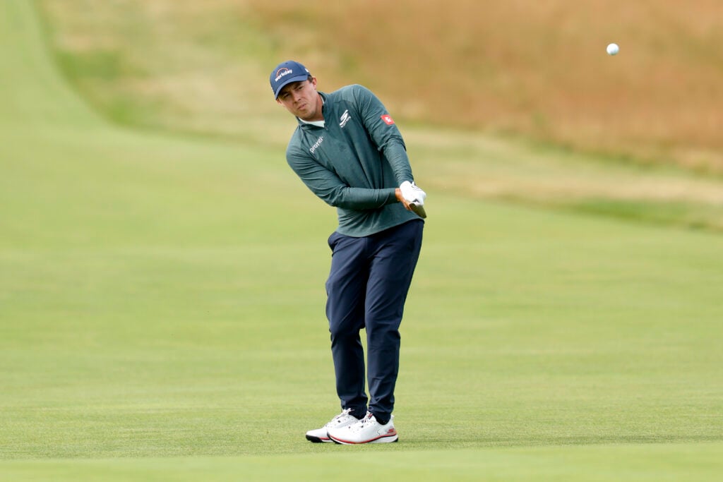 Matt Fitzpatrick hits a chip on the third hole during the second round of the US Open at Shinnecock Hills