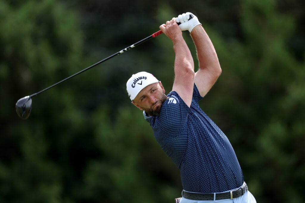 Jon Rahm of Spain plays a shot from the sixth tee during the second round of the 126th U.S. OPEN at Shinnecock Hills Golf Club