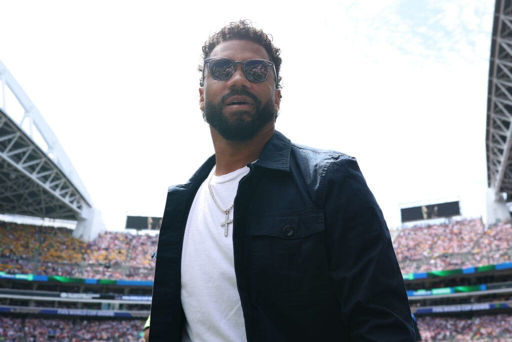 Former NFL player Russell Wilson is seen before the FIFA World Cup 2026 Group D match between USA and Australia at Seattle Stadium