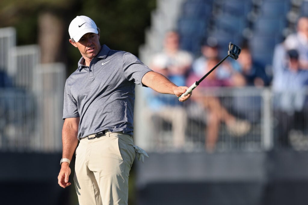 Rory McIlroy of Northern Ireland watches a putt on the 15th green during the second round of the 126th U.S. OPEN at Shinnecock Hills Golf Club