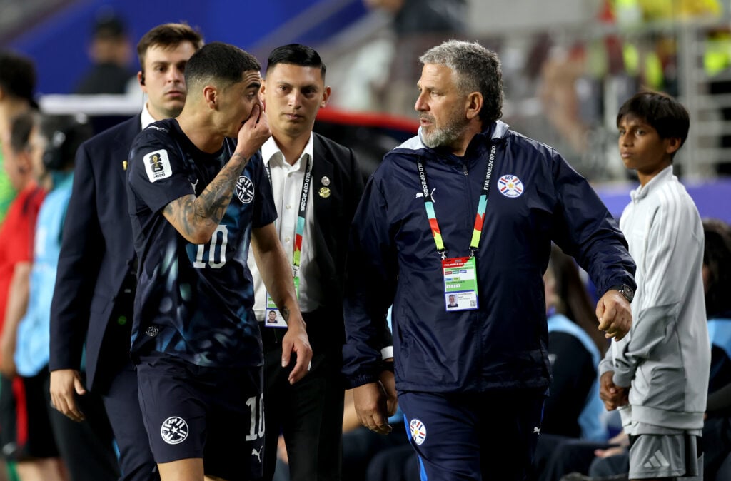 Miguel Almiron #10 of Paraguay reacts after receiving a red card for covering his mouth while talking to another player during the FIFA World Cup 2026 Group D match between Türkiye and Paraguay at San Francisco Bay Area Stadium on June 19, 2026 in Santa Clara, California.