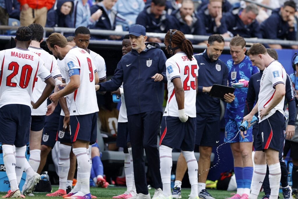(LR) Harry Kane of England, England manager Thomas Tuchel, Djed Spence of England, England goalkeeper Jordan Pickford, Elliot Anderson of England during the FIFA 2026 World Cup Group L match between England and Ghana