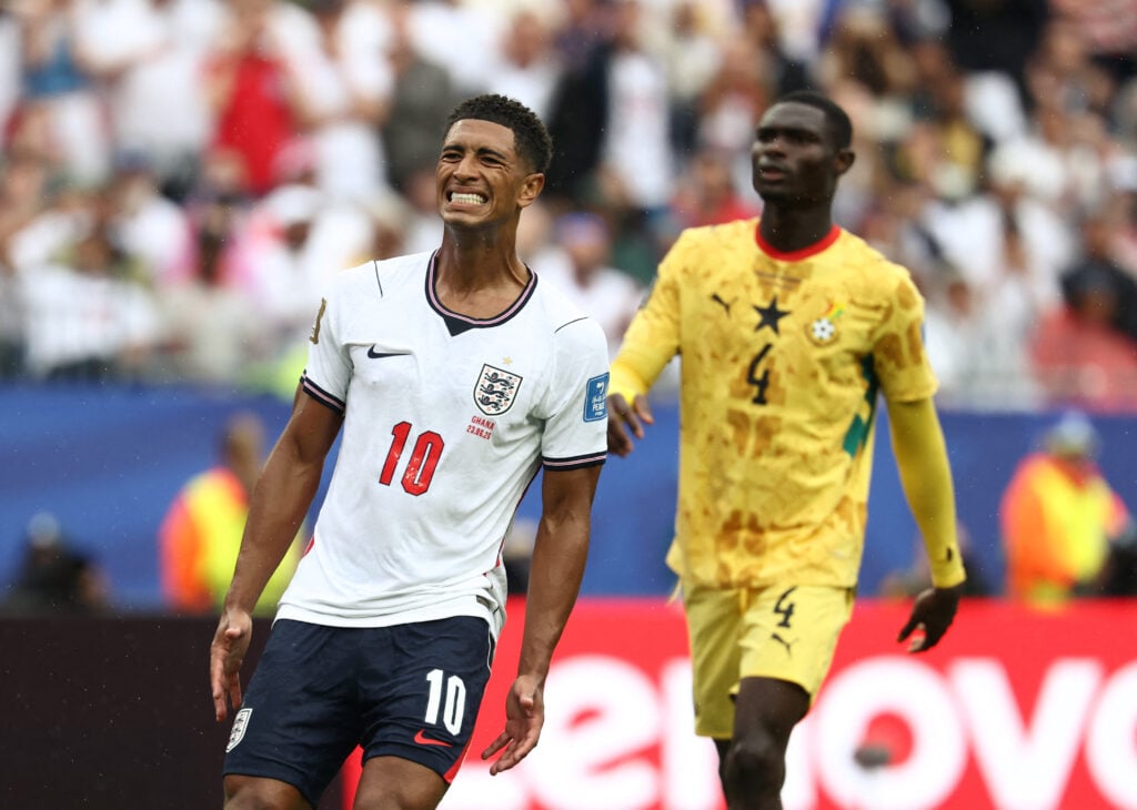 England's midfielder #10 Jude Bellingham reacts during the 2026 World Cup Group L football match between England and Ghana at the Boston Stadium