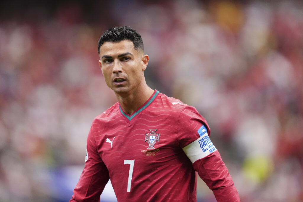 Cristiano Ronaldo of Portugal looks on during the FIFA World Cup 2026 Group K match between Portugal and Uzbekistan at Houston Stadium.