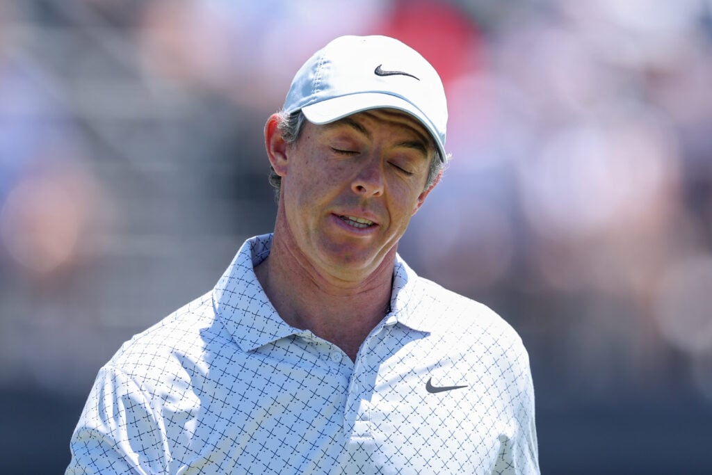 Rory McIlroy reacts on the second green during the final round of the 126th U.S. OPEN at Shinnecock Hills Golf Club