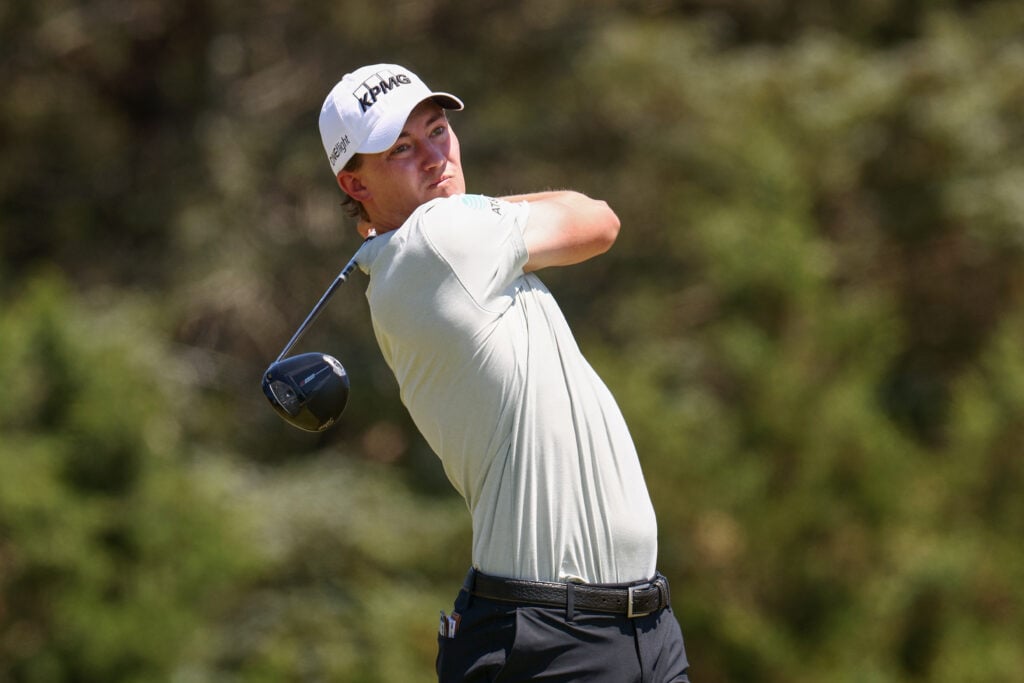 Maverick McNealy of the United States plays his shot from the sixth tee during the final round of the 126th U.S. OPEN at Shinnecock Hills Golf Club