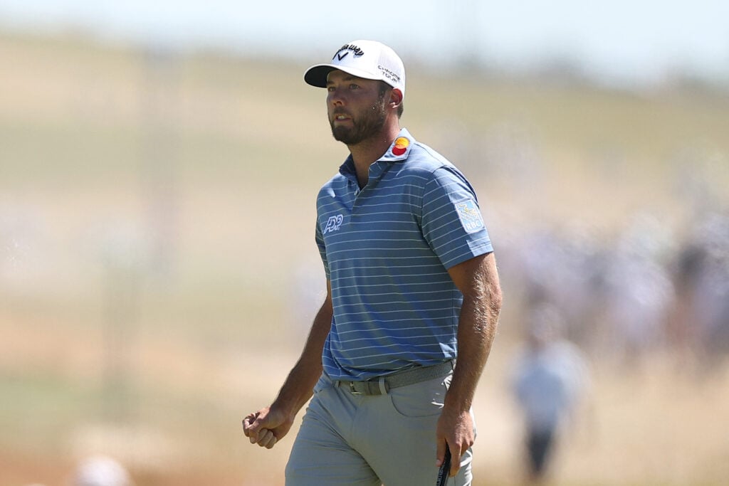 Sam Burns reacts to making a birdie during the final round of the US Open