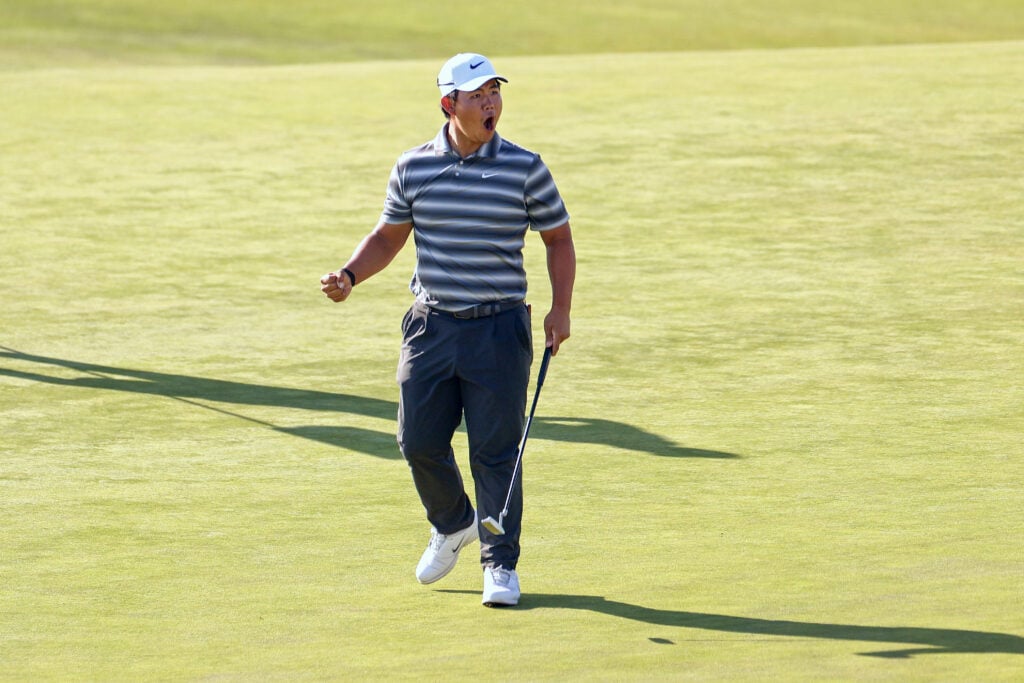 Tom Kim celebrates at the 2026 US Open