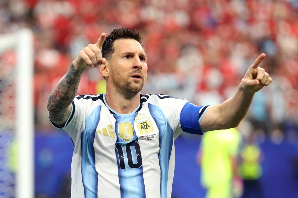 Lionel Messi #10 of Argentina celebrates scoring his team's second goal during the FIFA World Cup 2026 Group J match between Argentina and Austria at Dallas Stadium on June 22, 2026 in Arlington, Texas.