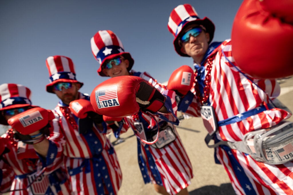 US fans cheer their team ahead of the 2026 World Cup Group D football match between Turkey and USA at the Los Angeles Stadium.