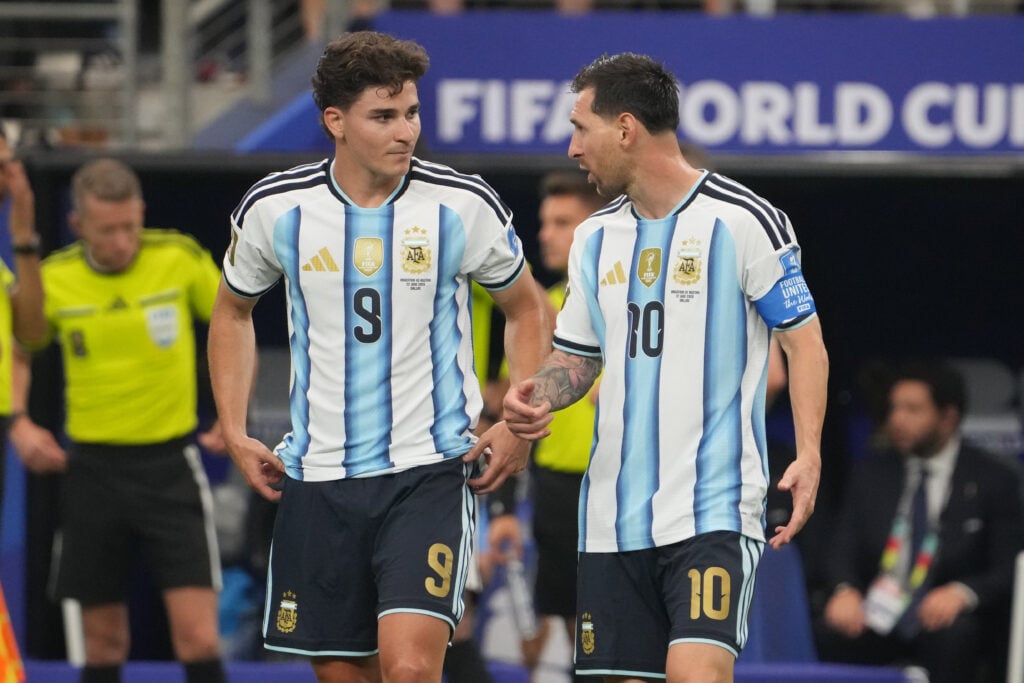 Julian Alvarez and Lionel Messi of Argentina talk during the FIFA World Cup 2026 Group J match between Argentina and Austria at Dallas Stadium.