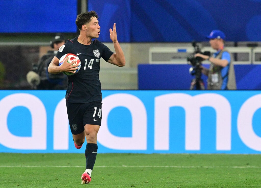 US midfielder #14 Sebastian Berhalter celebrates after scoring his team's second goal during the 2026 World Cup Group D football match between Turkey and USA.