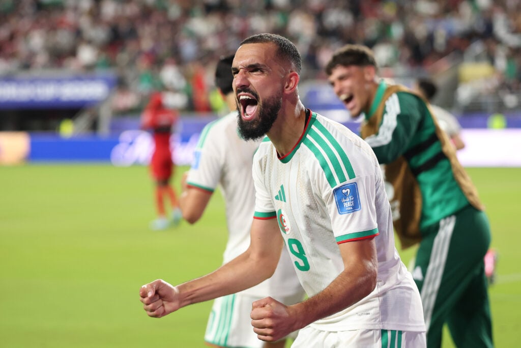 Nabil Bentaleb #19 of Algeria celebrates after the team's second goal by Amine Gouiri #9 during the FIFA World Cup 2026 Group J match between Jordan and Algeria.