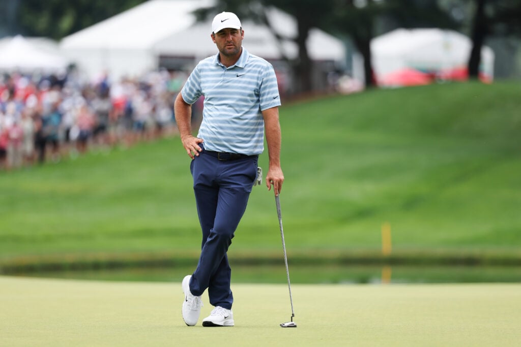 Scottie Scheffler on the eighth hole during the second round of the Travelers Championship at TPC River Highlands