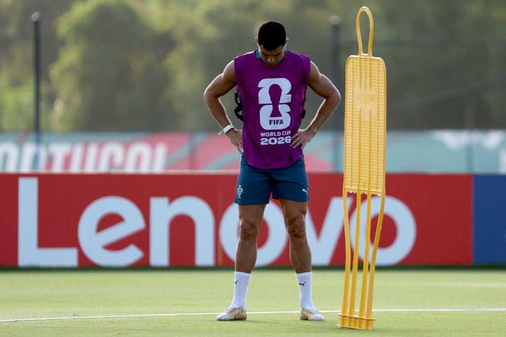 Cristiano Ronaldo #7 looks on during the training session one day ahead of the FIFA World Cup 2026 Group K.