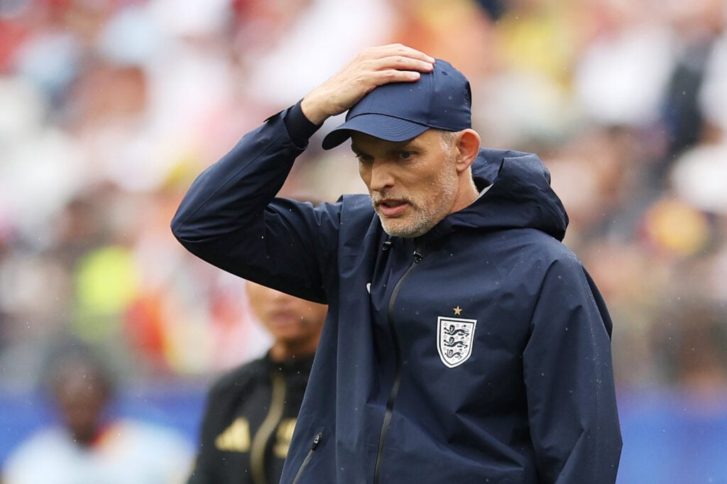 Thomas Tuchel, Manager of England, reacts during the FIFA World Cup 2026 Group L match between England and Ghana at Boston Stadium