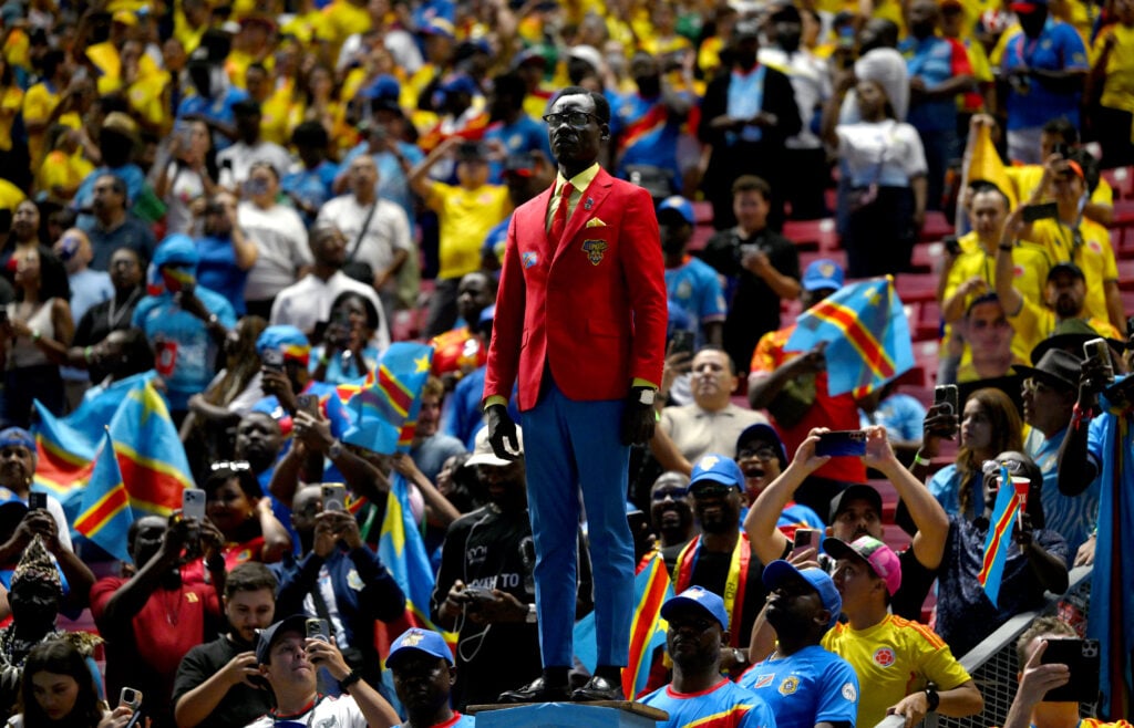 Congo DR fan Michel Nkuka Mboladinga, also known as Lumumba Vea, is seen before the FIFA World Cup 2026 Group K match between Colombia and Congo DR at Guadalajara Stadium.