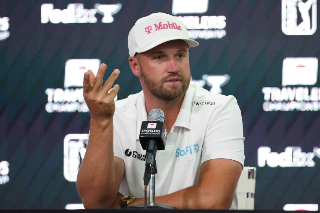 Wyndham Clark speaks at a press conference prior to the Travelers Championship 2026 at TPC River Highlands