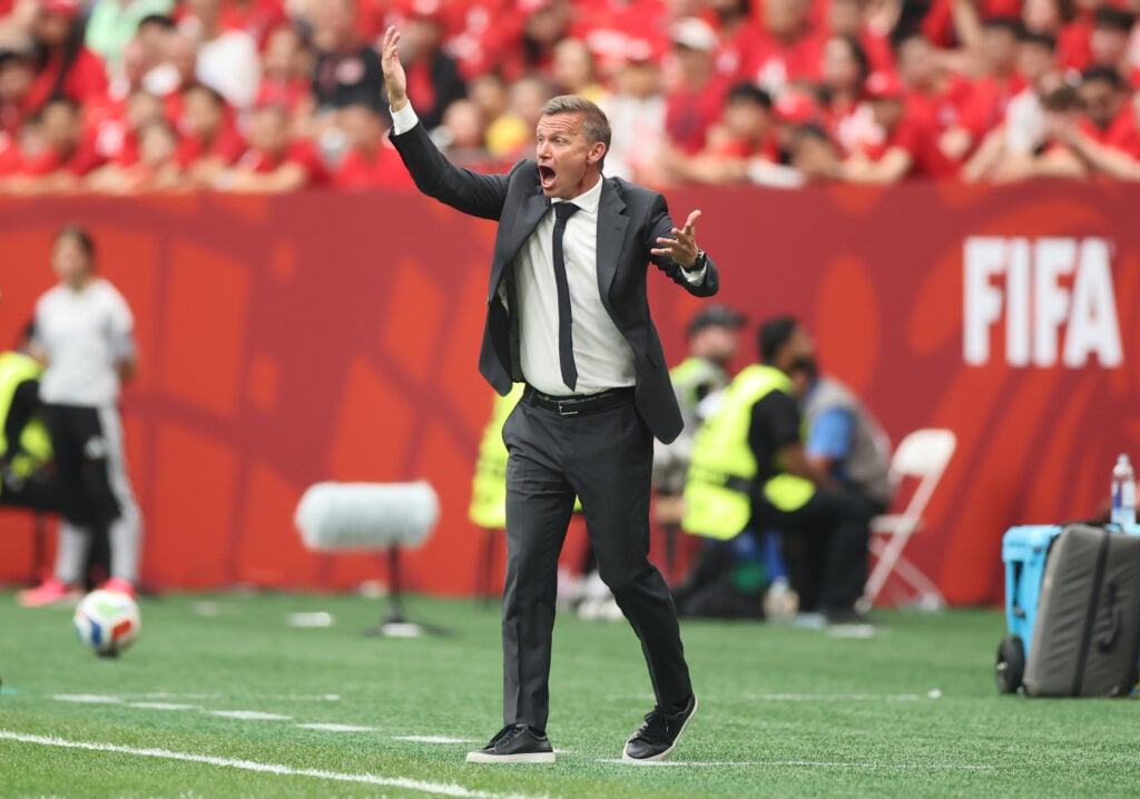 Jesse Marsch, Head Coach of Canada, reacts during the FIFA World Cup 2026 Group B match between Switzerland and Canada at BC Place Vancouver