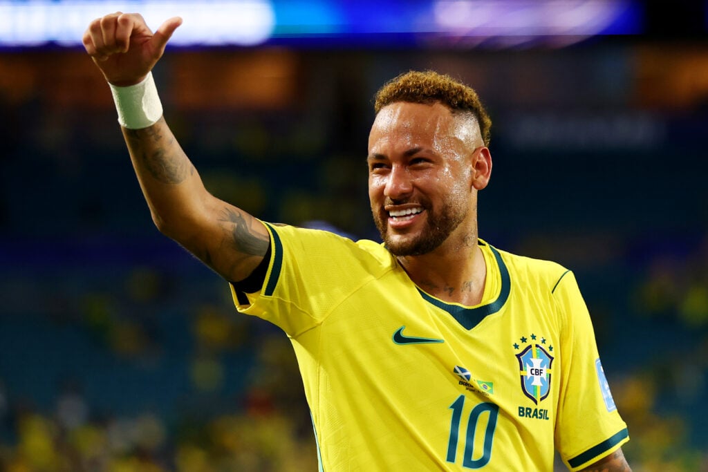 Neymar Jr #10 of Brazil applauds fans after the 3-0 win during the FIFA World Cup 2026 Group C match between Scotland and Brazil at Miami Stadium.