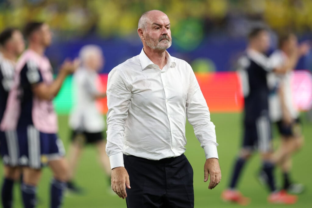 Steve Clarke, head coach of Scotland, is seen at full time after his team suffer a 0-3 defeat during the FIFA World Cup 2026.