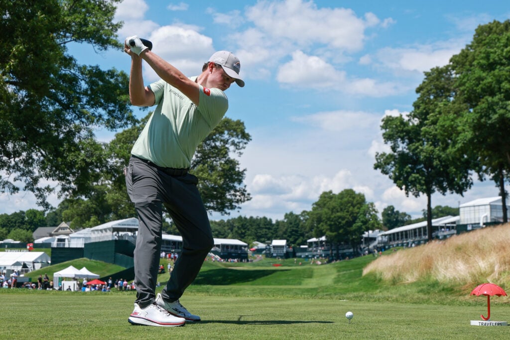 Matt Fitzpatrick hits a tee shot during the opening round of the Travelers Championship