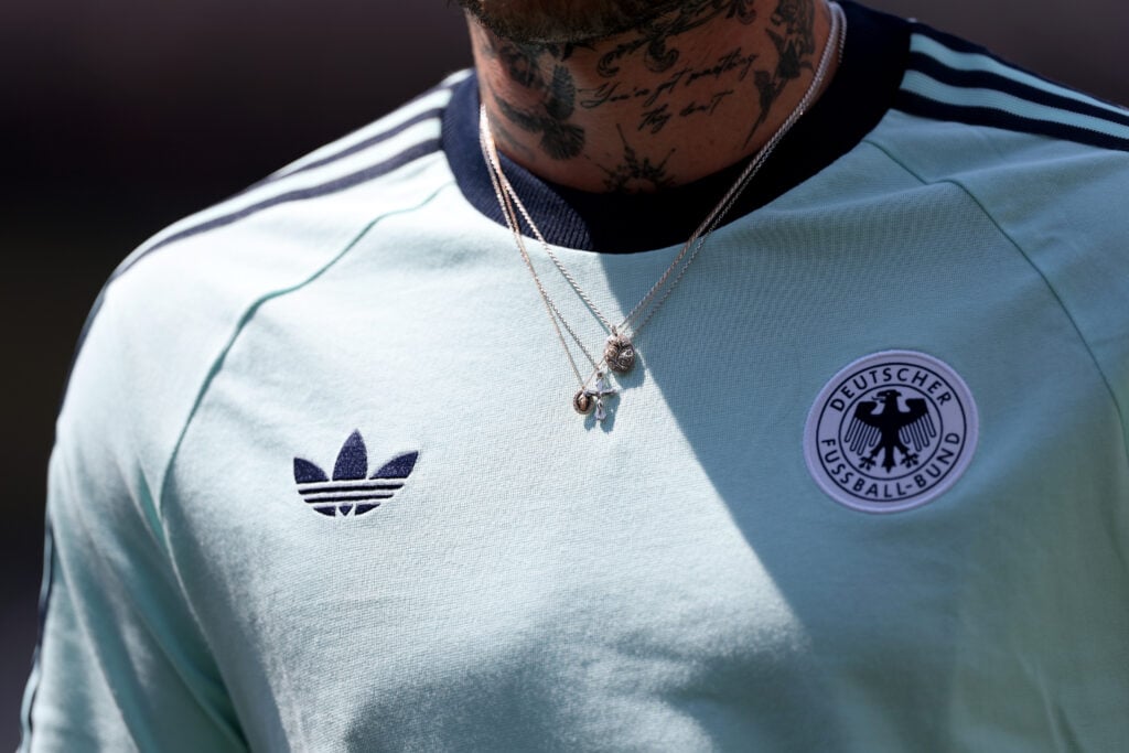 A detailed view of an adidas Germany shirt before the FIFA World Cup 2026 Group E match between Ecuador and Germany at New York New Jersey Stadium.