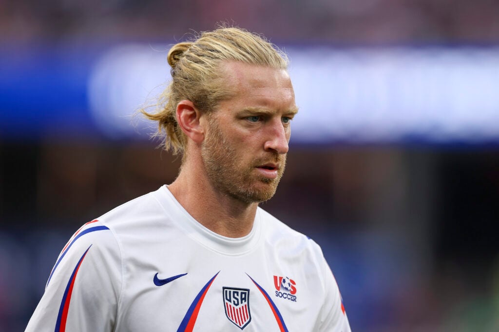 Tim Ream #13 of the United States warms up before the FIFA World Cup 2026 Group D match between Türkiye and USA at Los Angeles Stadium.