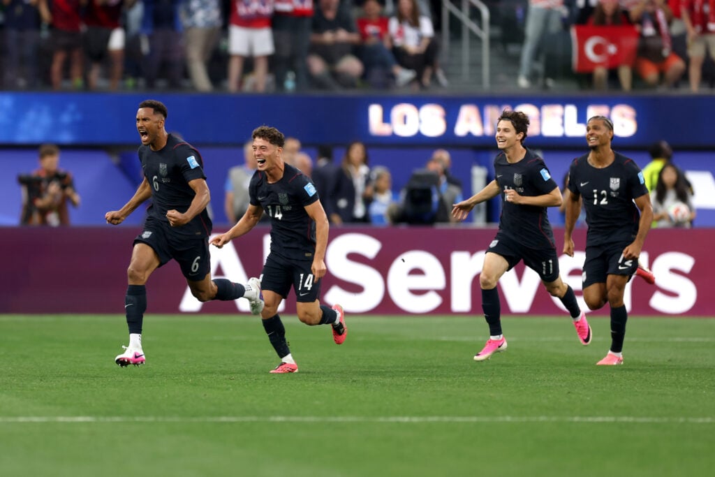 Auston Trusty #6 of the United States celebrates with teammates after scoring his team's first goal during the FIFA World Cup 2026 Group D match between Türkiye and USA at Los Angeles Stadium on June 25, 2026 in Inglewood, California.