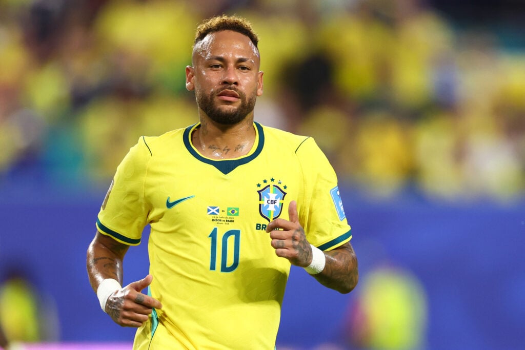Neymar Jr #10 of Brazil looks on during the FIFA World Cup 2026 Group C match between Scotland and Brazil at Miami Stadium on June 24, 2026 in Miami, United States.