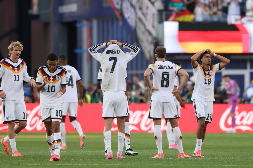 Germany's players reacts during the penalty shootout of the 2026 World Cup round of 32 football match between Germany and Paraguay at the Boston Stadium in Foxborough on June 29, 2026.