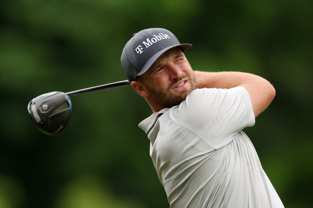 Wyndham Clark tees off on the first hole during the second round of the Travelers Championship