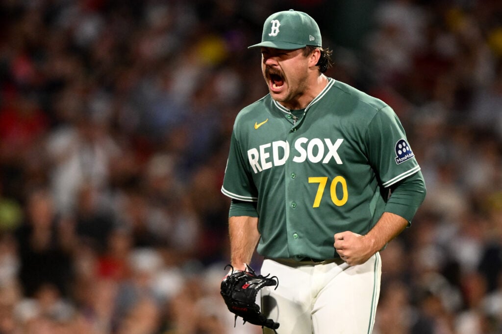 Payton Tolle #70 of the Boston Red Sox reacts after the final out of the the seventh inning of a game against the New York Yankees at Fenway Park.