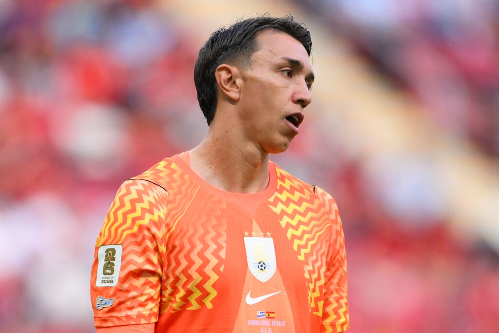 Fernando Muslera #23 of Uruguay looks on during the FIFA World Cup 2026 Group H match between Uruguay and Spain at Guadalajara Stadium.