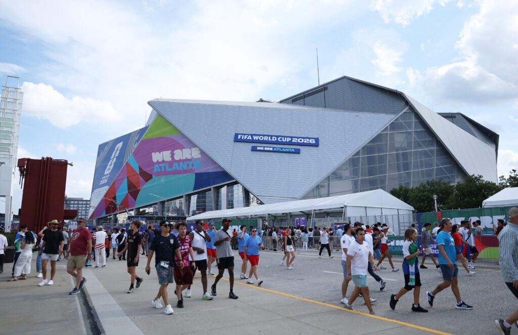 General view outside Atlanta Stadium as fans arrive before the FIFA World Cup 2026 Group K match between Congo DR and Uzbekistan.