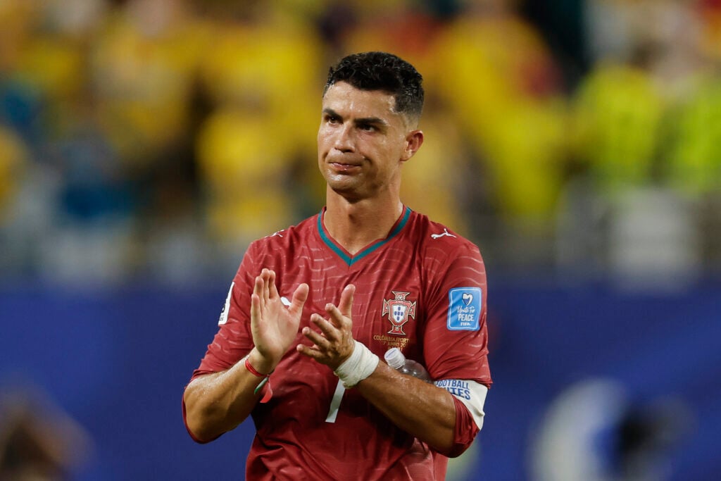 Cristiano Ronaldo #7 of Portugal acknowledges fans after his teams 0-0 draw during the FIFA World Cup 2026 Group K match between Colombia and Portugal at Miami Stadium.