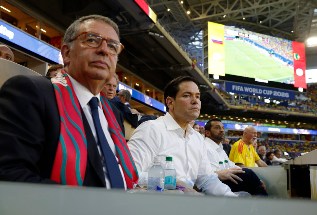 Antonio Jose Seguro, President of Portugal, and U.S. Secretary of State Marco Rubio attend the FIFA World Cup 2026 Group K match between Colombia and Portugal at Miami Stadium.